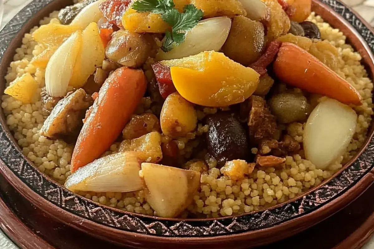 Moroccan couscous is a flavorful, comforting dish typically served with tender meat (lamb, beef, or chicken) and a mix of seven vegetables like carrots, zucchini, and chickpeas. Cooked with aromatic spices such as cumin, cinnamon, and saffron, this dish is a true taste of Moroccan cuisine. Traditionally steamed in a couscoussier, the couscous stays light and fluffy, while the stew becomes rich and savory. Perfect for family meals or special occasions, this hearty dish offers a satisfying balance of flavors.