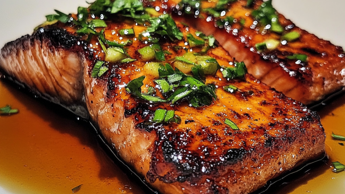 The perfect blend of spicy and sweet: pan-seared salmon with a honey garlic glaze, garnished with sesame seeds and green onions