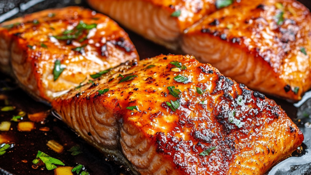 The perfect blend of spicy and sweet: pan-seared salmon with a honey garlic glaze, garnished with sesame seeds and green onions