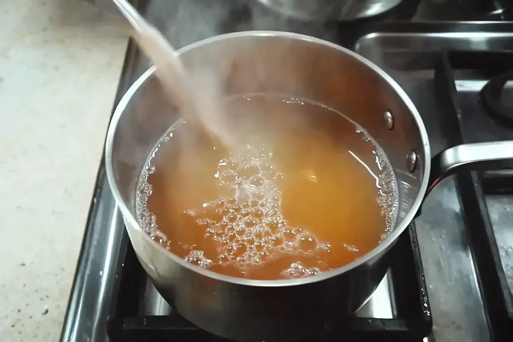 Simple Syrup being prepared with equal parts water and sugar in a saucepan.