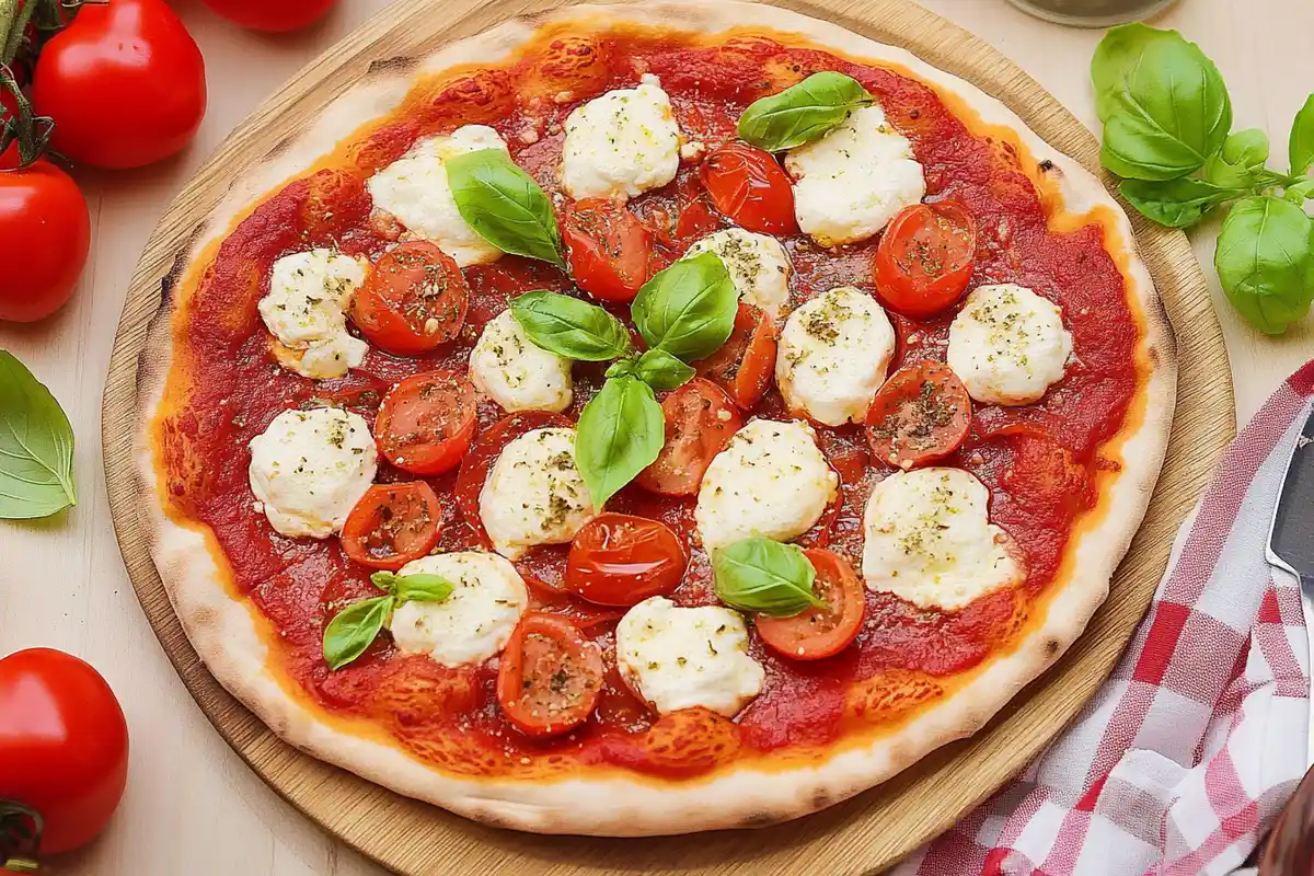 Delicious pizza topped with melted mozzarella cheese, fresh tomatoes, and herbs on a golden crust