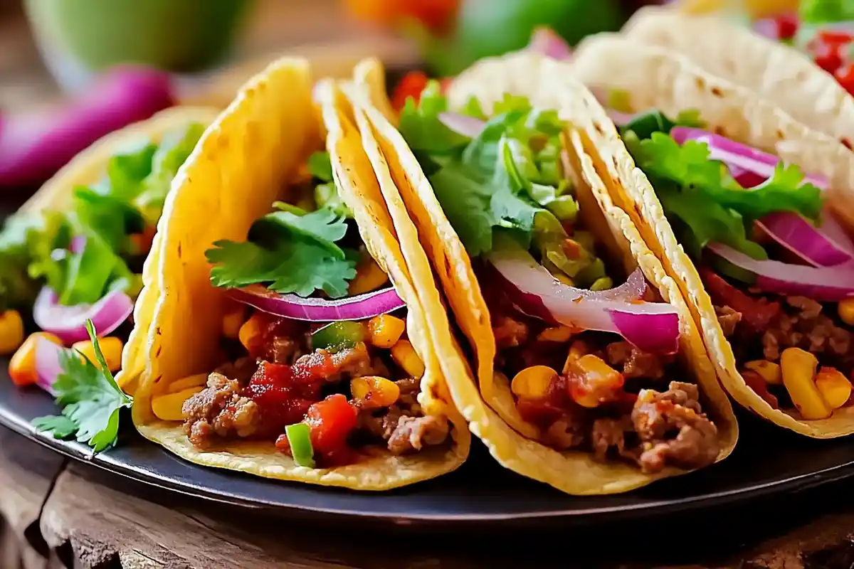 Delicious homemade tacos filled with seasoned ground beef, topped with fresh shredded lettuce, diced tomatoes, and cheese, served on a wooden plate. This quick taco recipe is perfect for busy weeknights and customizable with various toppings.