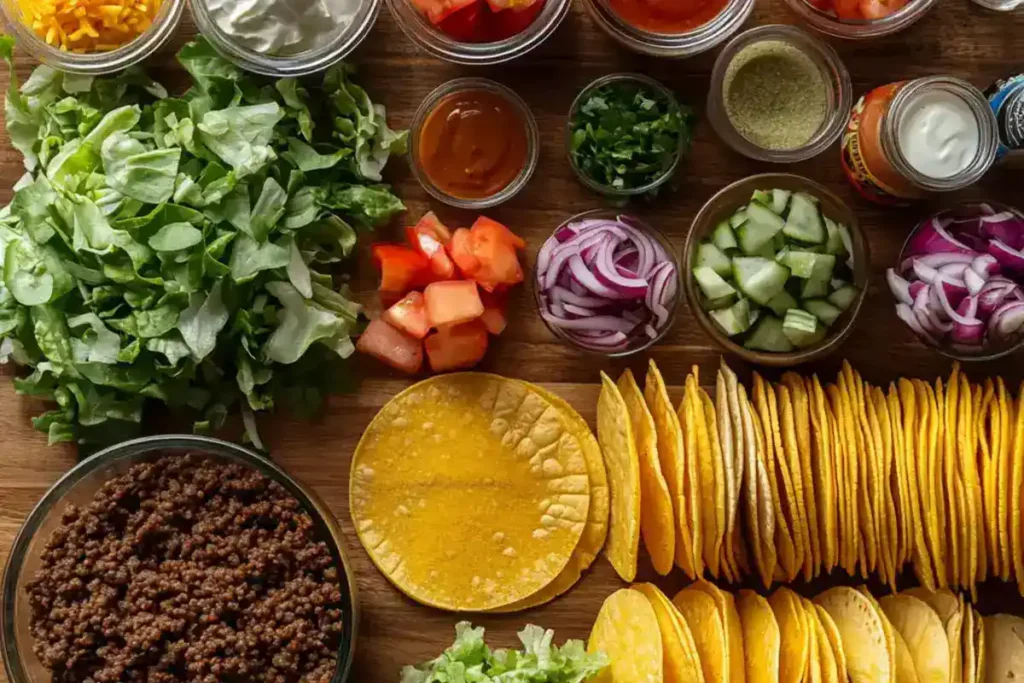 Delicious homemade tacos filled with seasoned ground beef, topped with fresh shredded lettuce, diced tomatoes, and cheese, served on a wooden plate. This quick taco recipe is perfect for busy weeknights and customizable with various toppings