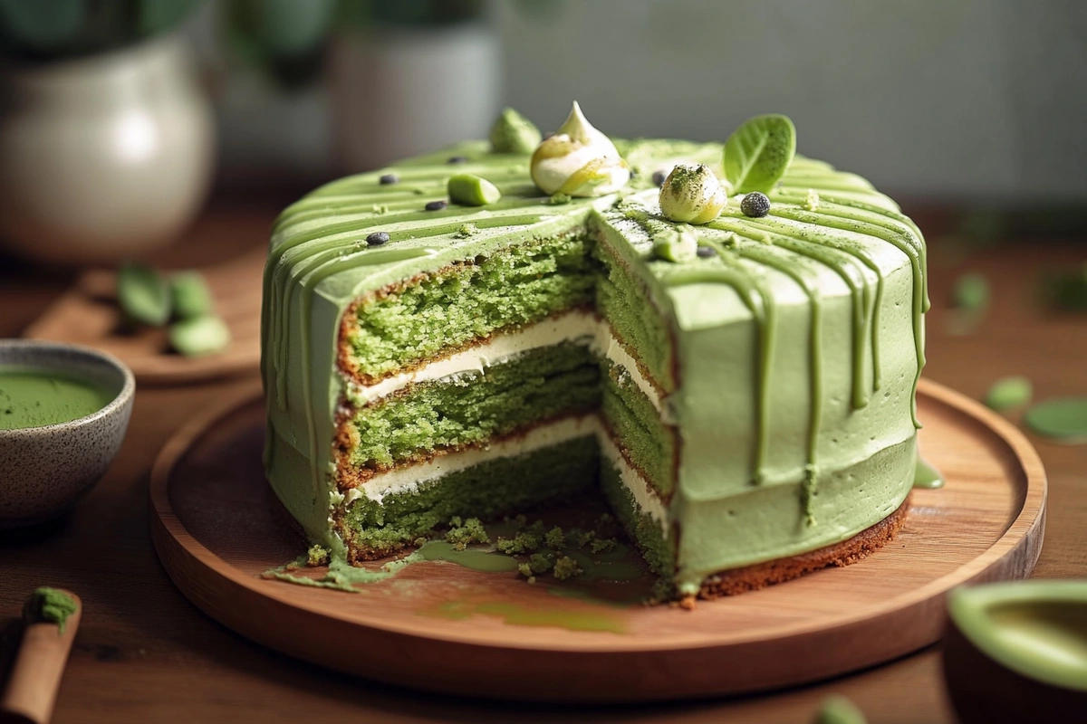 An enticing slice of matcha cake showcasing its vibrant green color, highlighting the unique matcha flavor profile. This light and fluffy sponge cake is complemented by a velvety matcha whipped cream frosting. Discover what matcha cake is made of, its health benefits, and the best flavors to pair with matcha in our guide to matcha baking. Learn about troubleshooting common baking issues, such as rubbery cake and sponge cake deflation, and explore delicious matcha dessert recipes for an Asian bakery-style treat