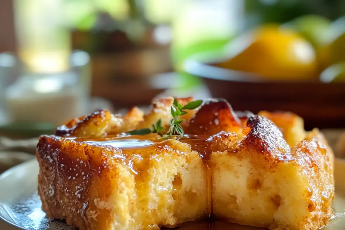 Delicious Brioche French Toast Casserole topped with fresh berries and powdered sugar