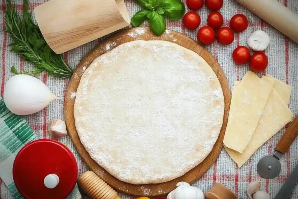 Ingredients for pizza including fresh mozzarella, tomatoes, basil, and flour arranged on a wooden surface