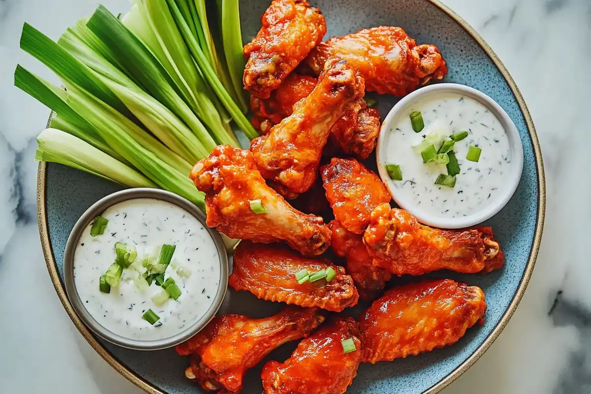 A plate of golden-brown buffalo wings coated in spicy sauce, garnished with celery sticks and a small bowl of blue cheese dressing