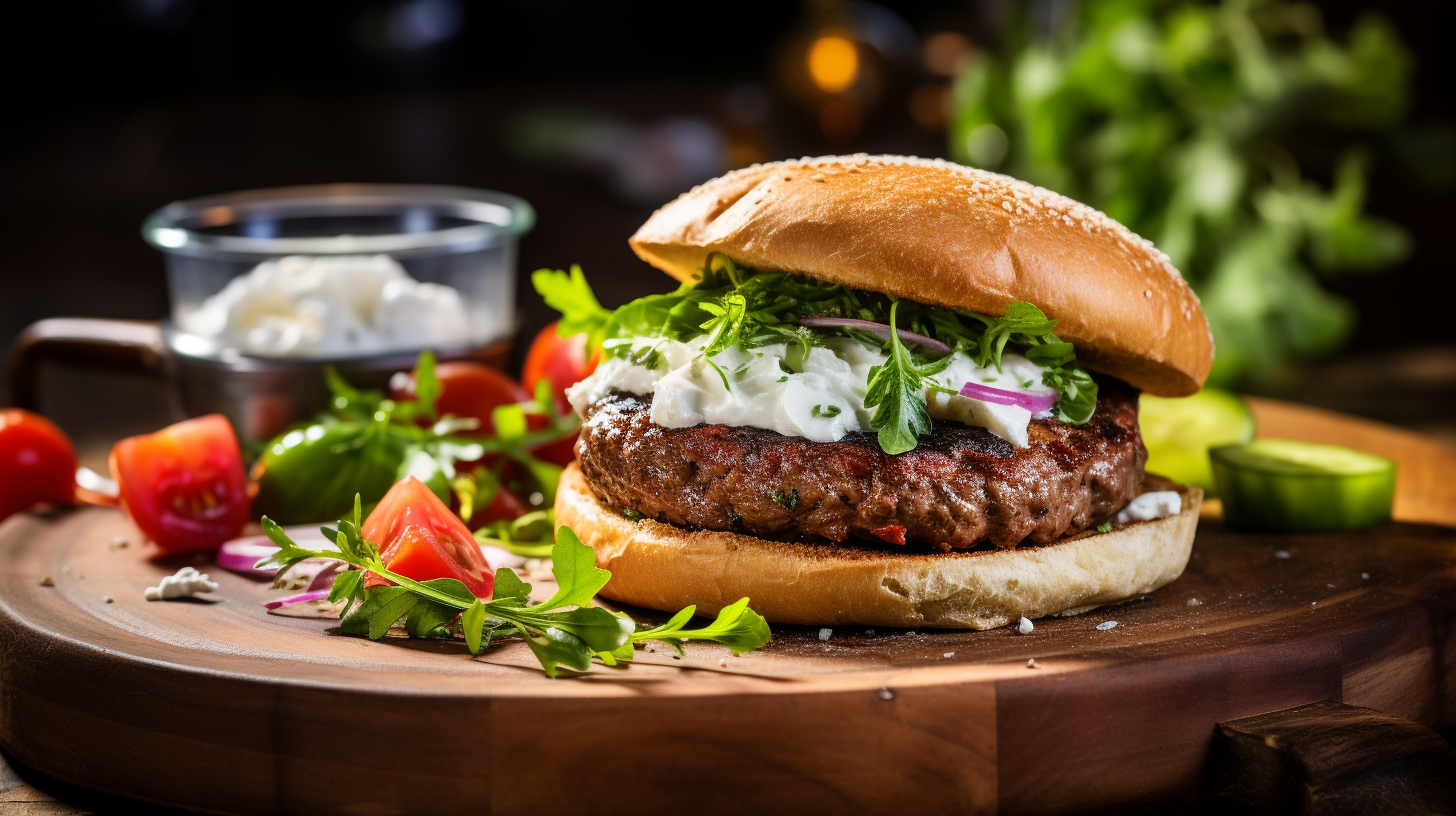 Juicy gourmet lamb burger with tzatziki
